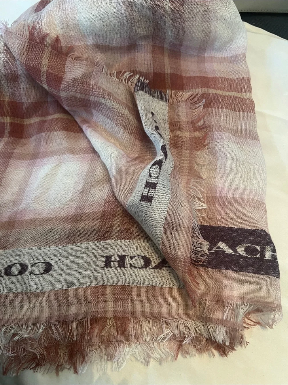COACH Pink Plaid Fringe Logo Scarf